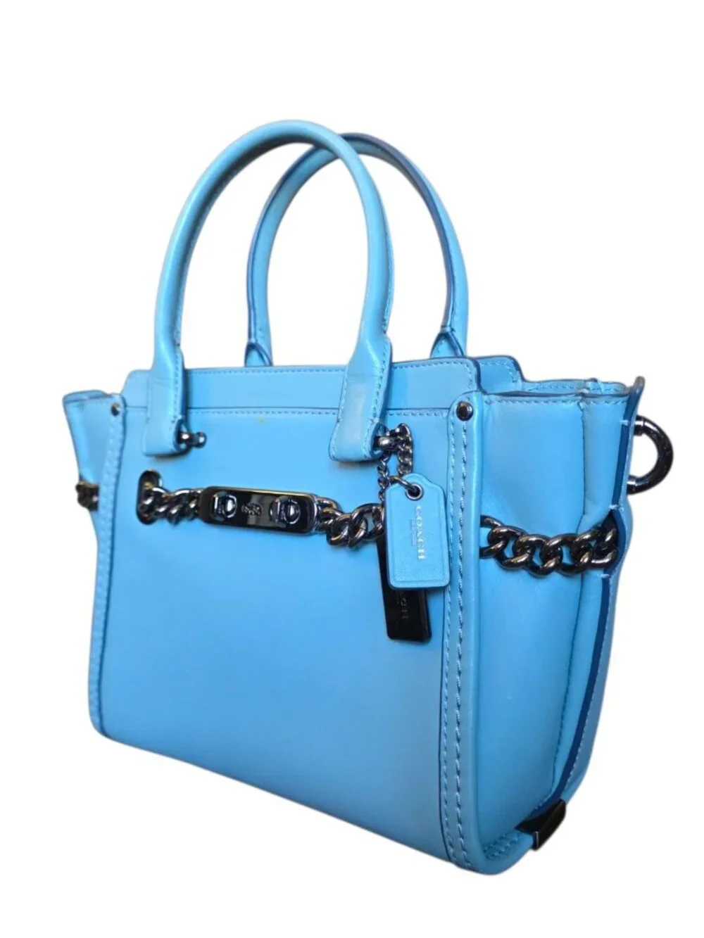 Coach Swagger 27 Cloud Blue Glovetanned Leather Satchel Chain Bag 59542 AUTH - Picture 5 of 16